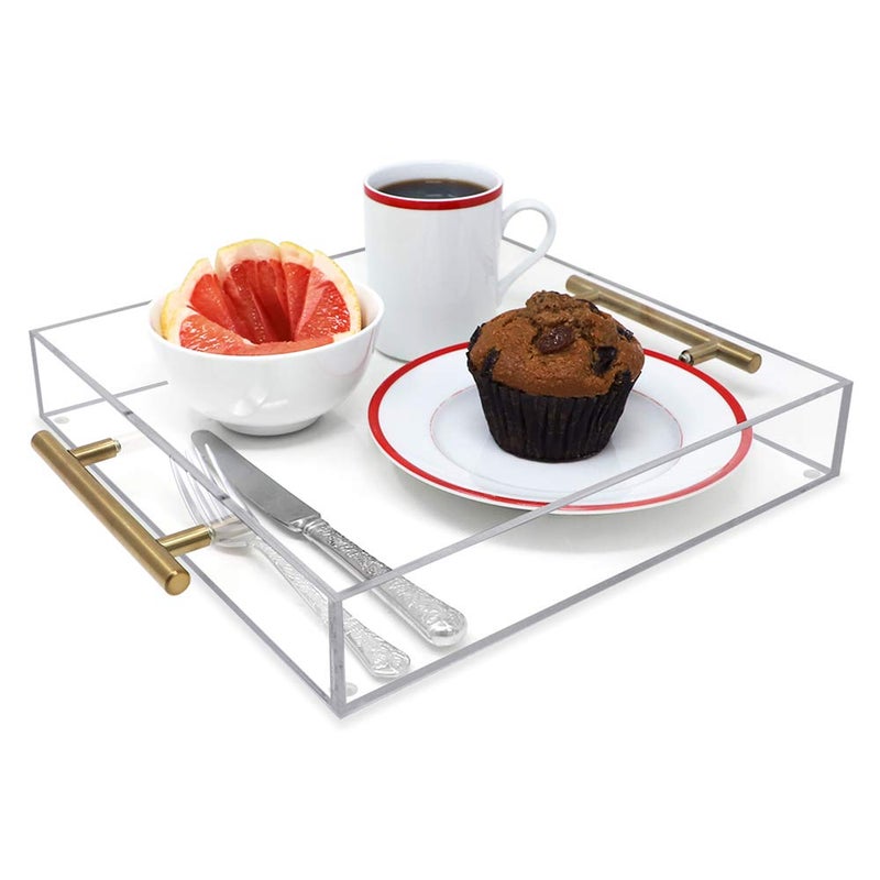 Isaac Jacobs Clear Acrylic Serving Tray (12x12) with Gold Metal Handles, Spill-Proof, Stackable Organizer, Food & Drinks Server, Indoors/Outdoors, Lucite Storage DÃ©cor (12x12, Clear with Gold Handle) - Image 4